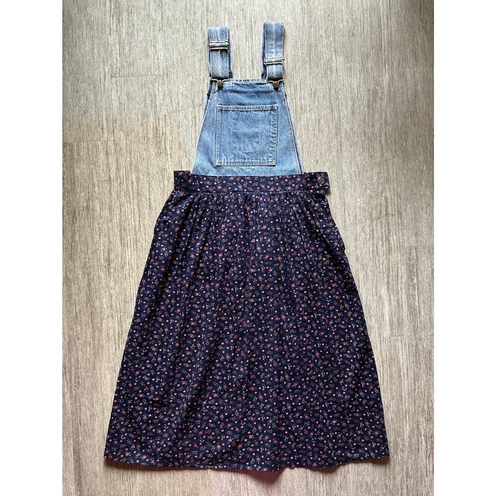 ✨ Vintage Nixit Denim Overalls Navy Blue Floral Skirt Midi Dress Sz Medium/Large